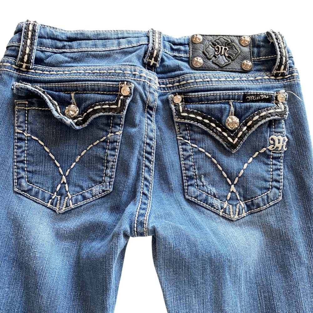 Miss Me Bootcut Jeans Medium Wash Rhinestone Flap Pocket Womens 29 x 33
